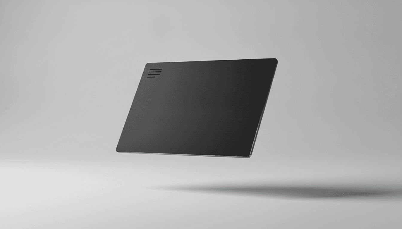 A matte black Hologram card, its machined edge catching an iridescent sheen.