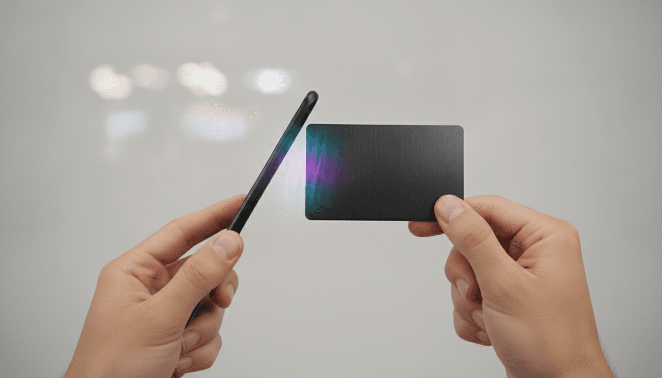 A phone held against a Hologram card at the moment of a tap.